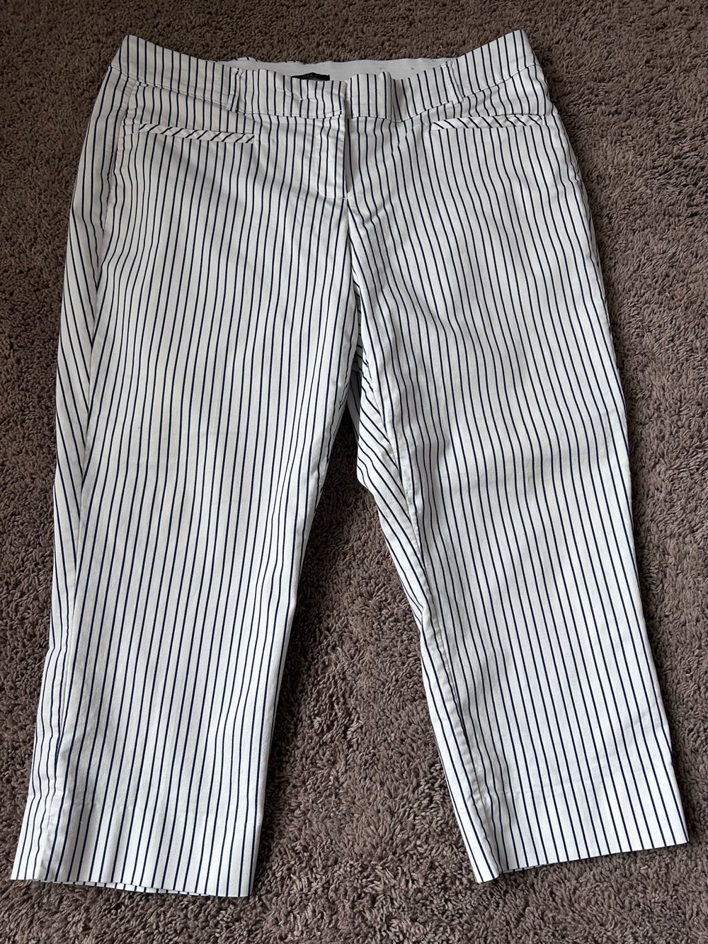 Lane Bryant Women's The Allie White Flat Front Navy Pin Striped Pants Sz 16 Flaw